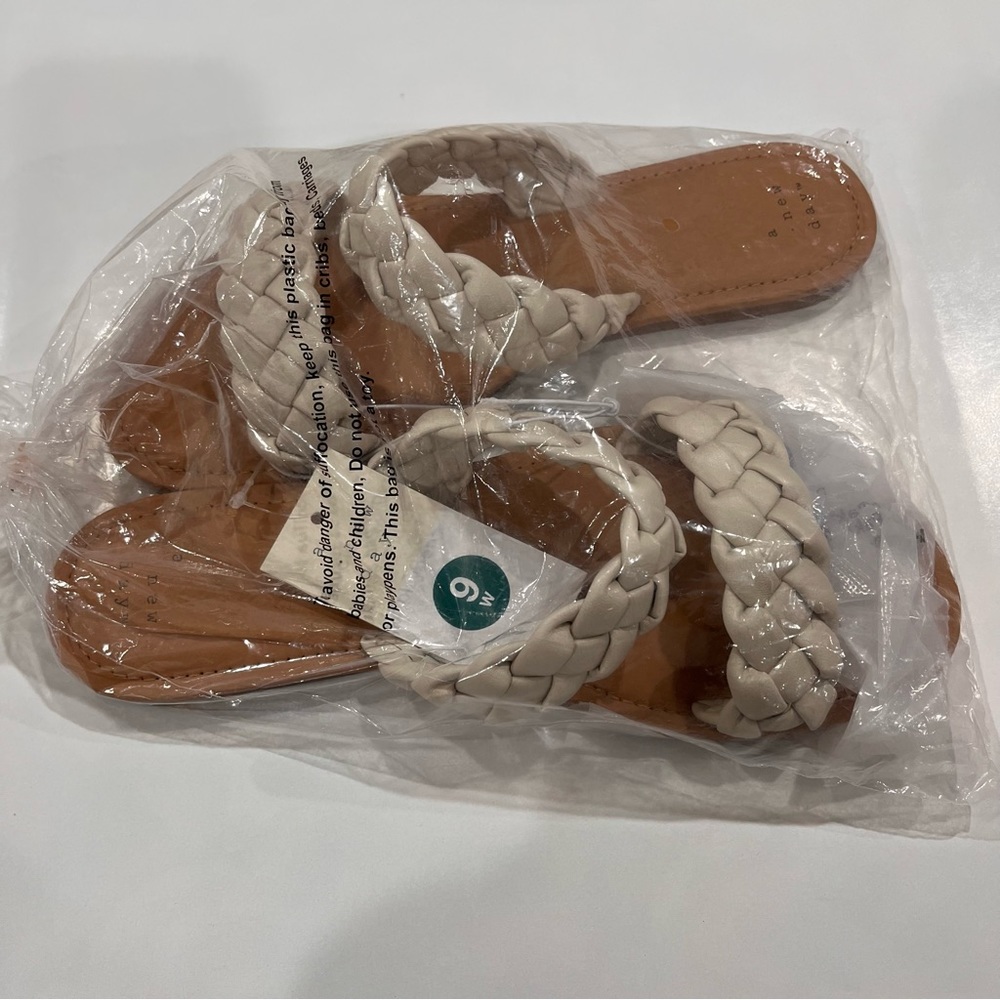 Off white chic braided double twist strap open toe slip on flat slide sandals